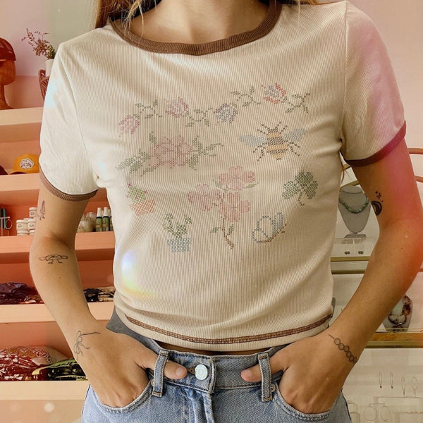 Floral Cross Stitch Ringer Tee With Reverse Stitched Hem WSL