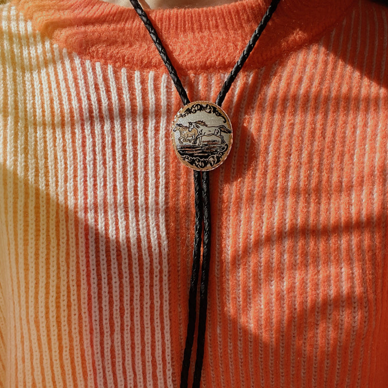 Running Horses on Copper Bolo Tie WSL