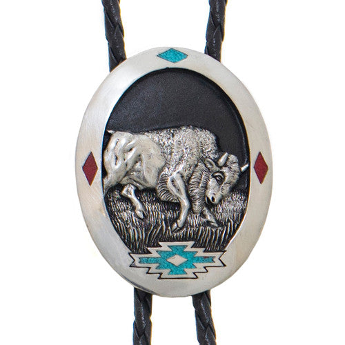 Bison Bolo Tie with Turquoise & Coral Inlay WSL