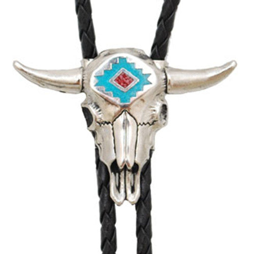 Steer Skull Bolo Tie with Turquoise & Coral Inlay WSL