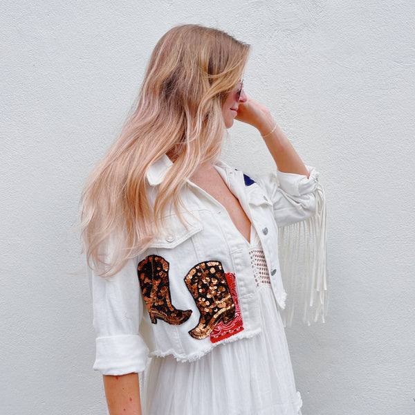 DIME PIECE White Fringe Denim Jacket
