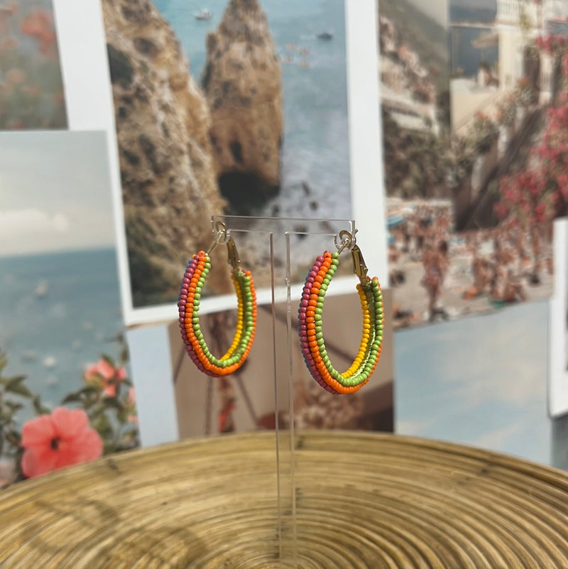 Small Rainbow Beaded Hoop Earrings in Gold